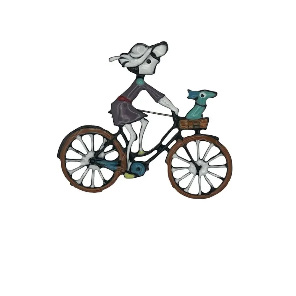 Art Deco Style Brooch Enamel Crystal Brown Bicycle Girl Badge Pin